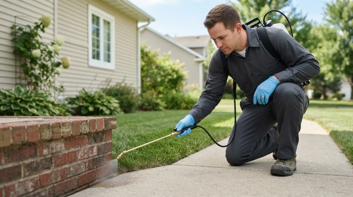 Pest control technician treating a home near Shelby, MI