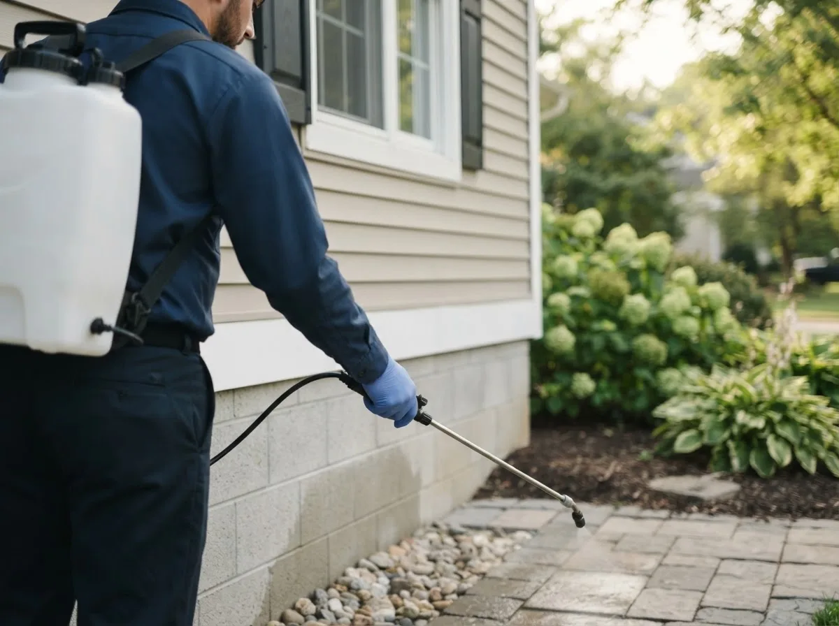 Pest control technician inspecting a home in Shelby, MI